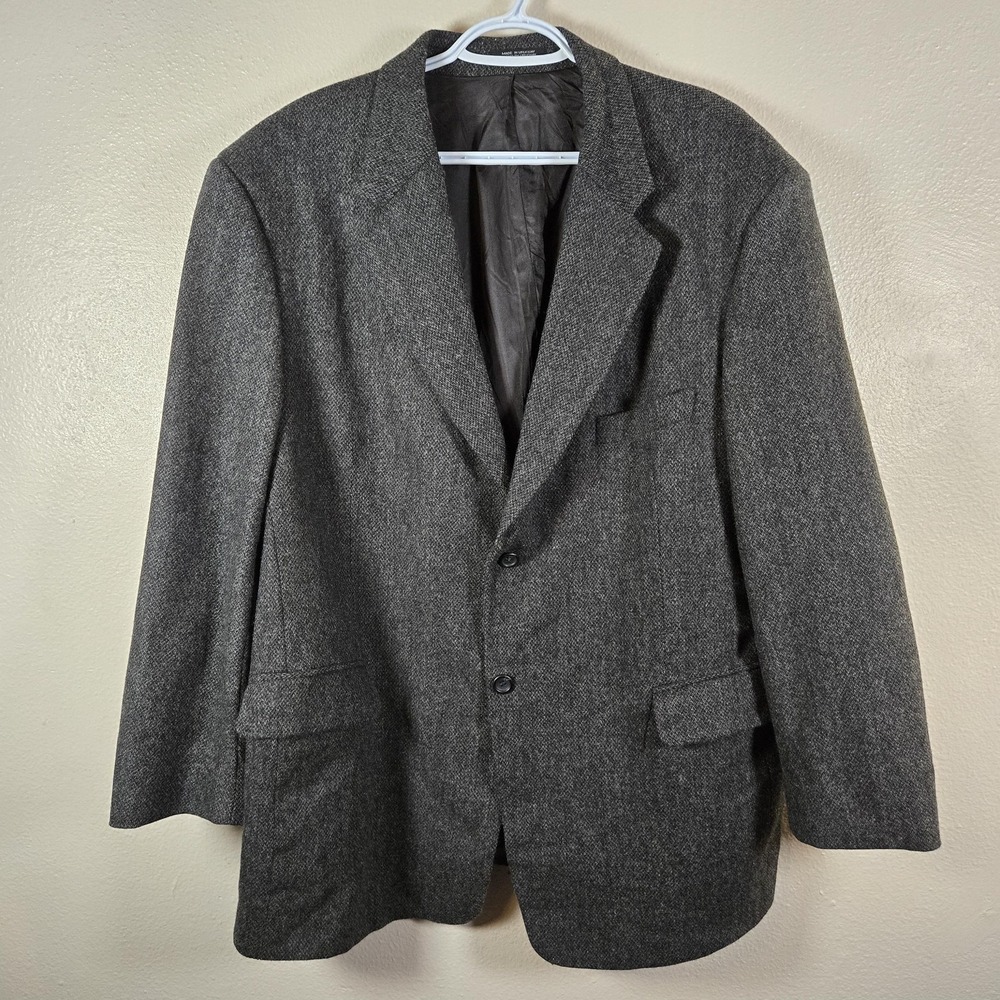 Stafford Sport Coat Mens 46R Gray Lamb Wool Tweed Herringbone Elbow Patch Blazer